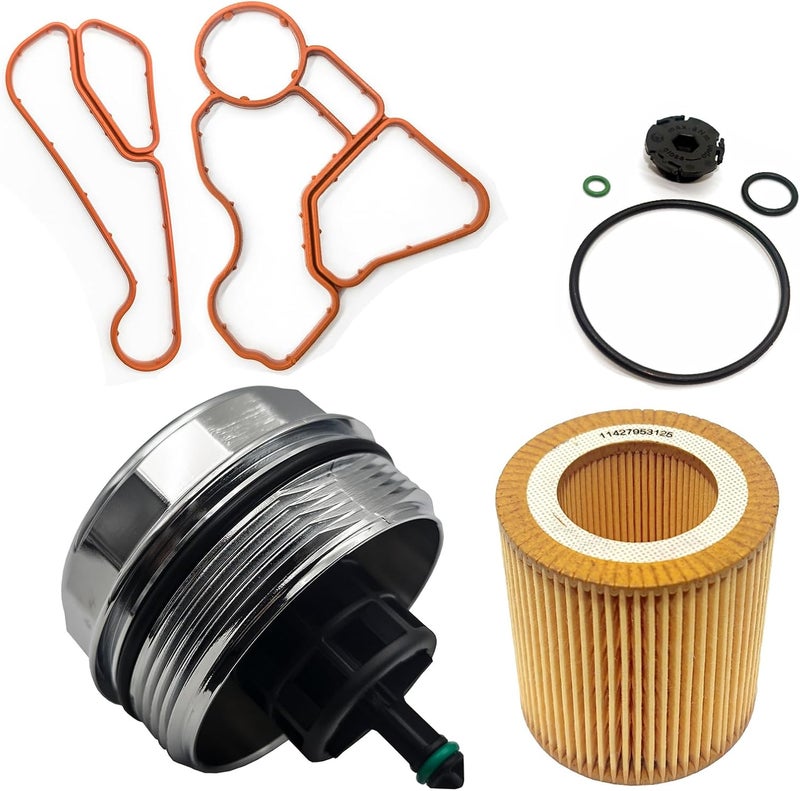 AMCC Aluminum Engine Oil Filter Replacement Kit&Reinforced Gasket&Oil Filter Housing Cap&Oil Filter Compatible with BMW N20 N52 N54 N55 F10 F25 325xi 330i 530i 740i X5 (Aluminum cover 4 kit) - Image 1